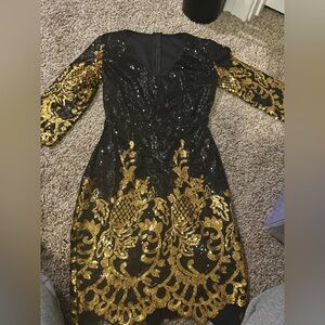 Hot Miami Styles Black and Gold Long Sleeve Dress